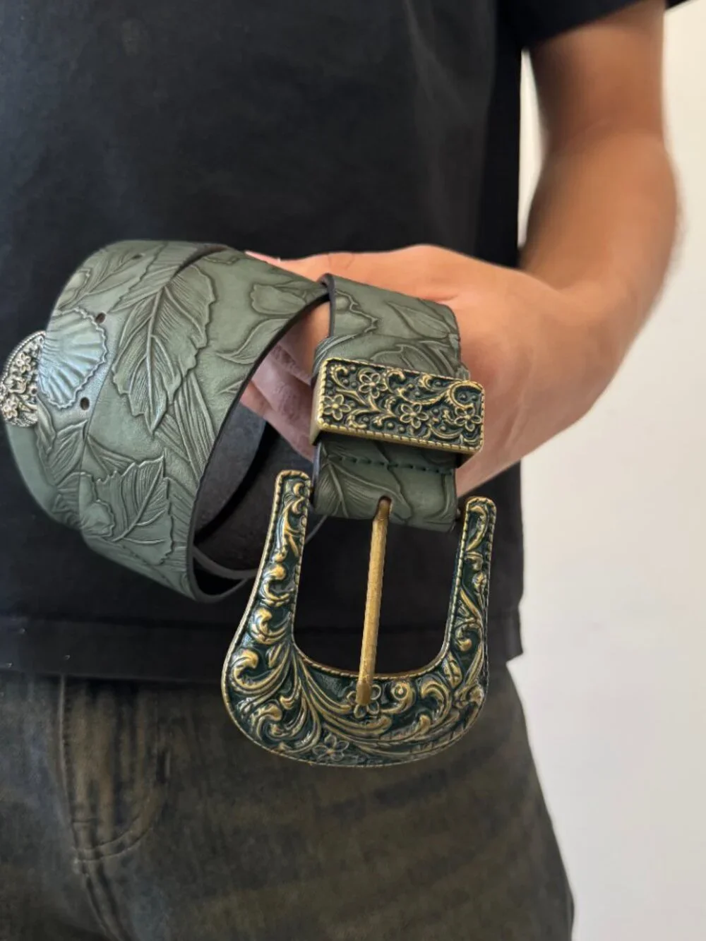 Sage Green Tooled Embossed Western Belt